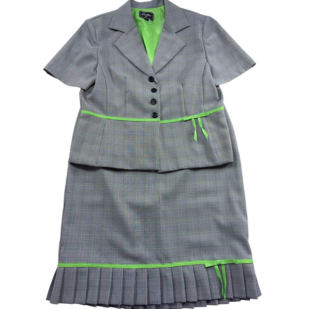 Sweet Suit Womens Grey Glen Plaid Lime Green Trim Skirt Suit Set Size 14 Vintage